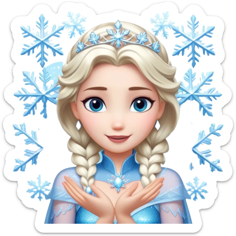 Cinematic Elegant Elsa Portrait Emoji, Standing gracefully with snowflakes forming in her hands, a soft yet confident smile, frosty shimmer surrounding her, a queen in perfect icy splendor! sticker
