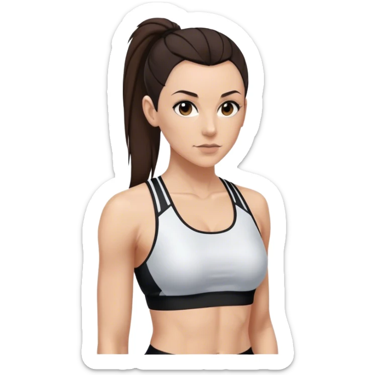 Melanie chisholm with a dark brown high ponytail wearing a sports bra and a track suit sticker