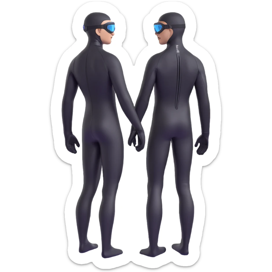 3D emoji style freediver, back view, in a black wetsuit and gear, descending with arms streamlined, long black fins, gloves, and goggles, no face details, five fingers visible, black or deep sea background sticker