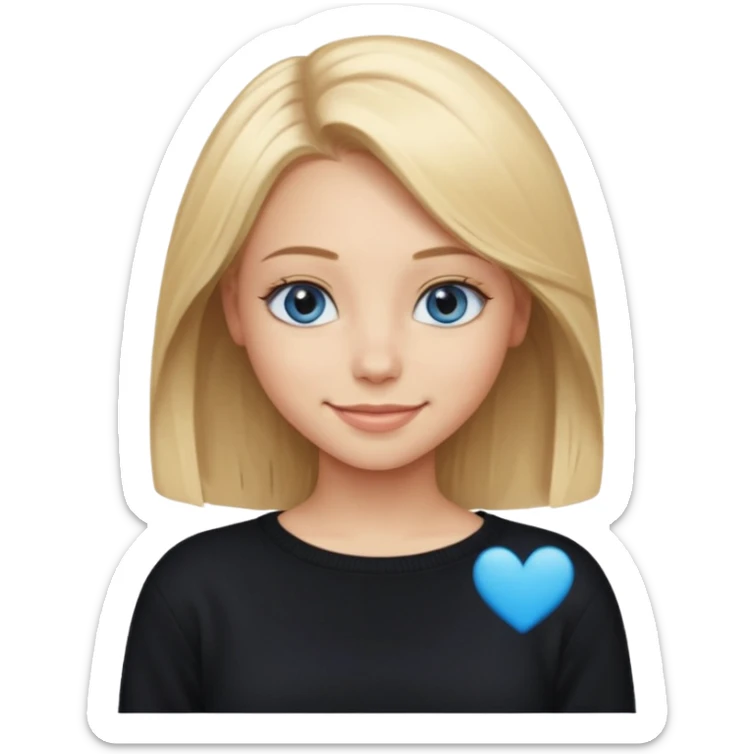 a new character a girl with shoulder length blonde hair wearing black clothes and wearing a cheeky smile she has blue eyes her black sweater has an emo style badge remove the badge and instead add the words special sticker