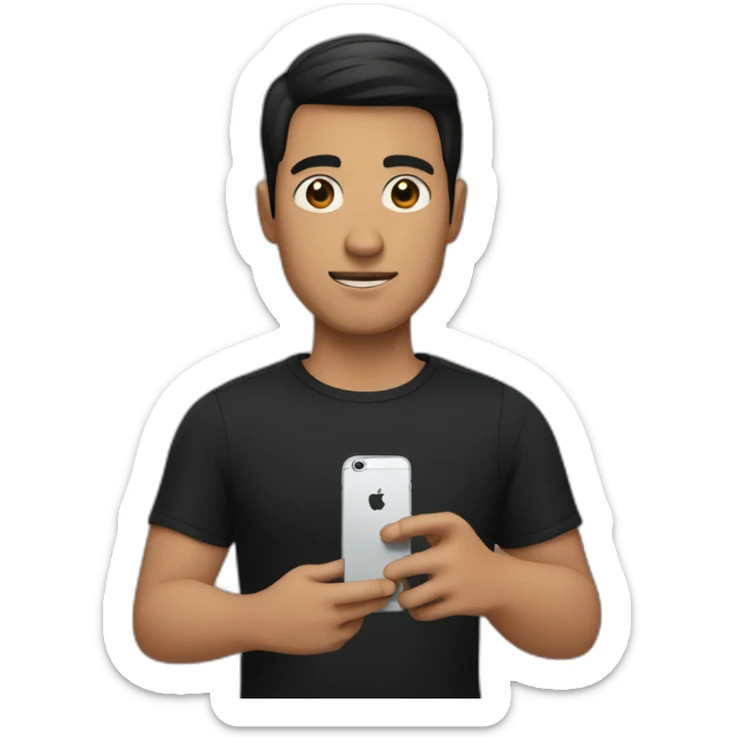 A man dressed in black, with short black hair and brown eyes, holding an iPhone in his hand sticker