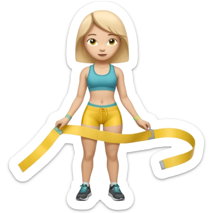 A 3D cartoon person measuring their waist with a yellow tape, casual fitness outfit, Memoji-style realism. sticker