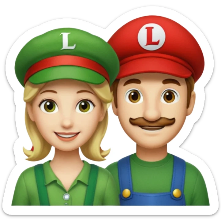 blonde female Luigi (with the Luigi green hat with an L on it) and a normal brown hair male Mario with the red hat. They are friends just smiling sticker