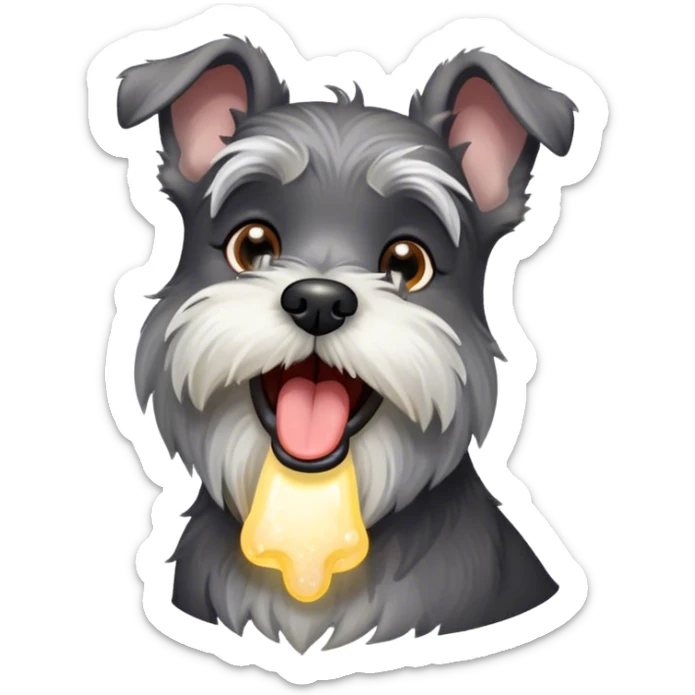 Cinematic Cute Yawning Miniature Schnauzer Portrait Emoji, Head cocked with a wide, adorable yawn and droopy, charming eyes, featuring a neatly trimmed, lovable salt-and-pepper fur, simplified yet irresistibly cute, highly detailed, glowing with a warm, relaxed radiance, high shine, exuding a sleepy yet spirited charm, styled with a soft, cozy glowing outline, capturing the essence of a Miniature Schnauzer mid-yawn, radiating pure, drowsy cuteness! sticker