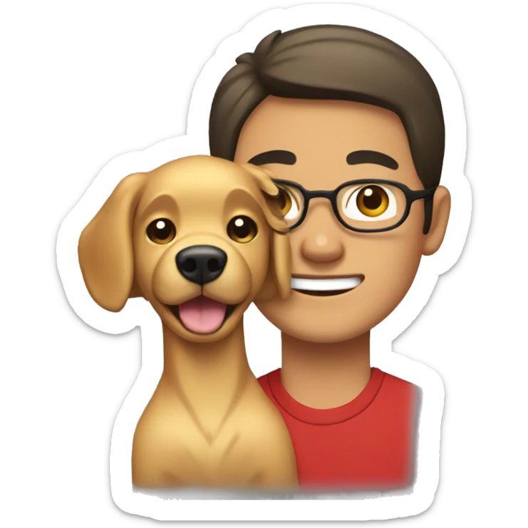 A Asian guy with black hair and brown eyes and black glasses wearing a red shirt holding a golden retriever dog sticker