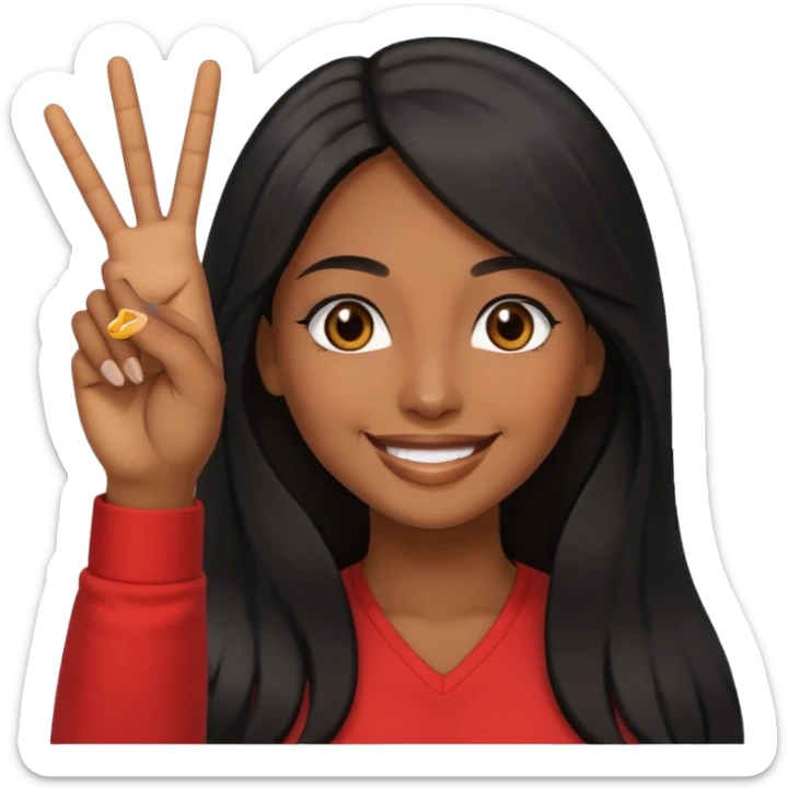 pretty brown skin woman with long black hair and brown eyes holding up the peace sign sticker