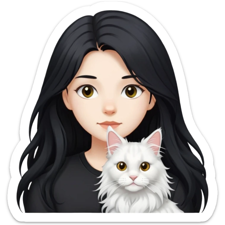 a  girl with black long hair with a white Maine coon with black shirt sticker