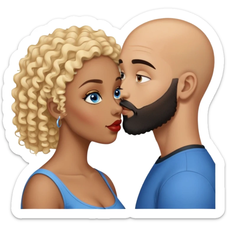 bald head man with brown eyes and black beard kissing African woman with blue eyes and curly blonde hair sticker