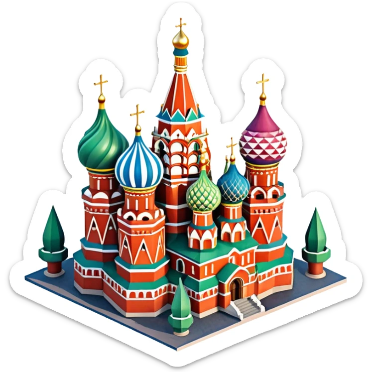 Isometric illustration of photorealistic Saint Basil's Cathedral with colorful onion domes, highly detailed in semi-realistic style, sharp outlines, subtle surface textures, balanced between stylized and realistic, 3D miniature effect with a slight hand-painted touch, no cartoonish look. sticker