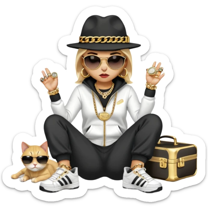 female cat dressed like Run DMC in tracksuit, fedora, Adidas shoes, dark sunglasses, lots of gold chains, rings, bracelets, earrings, lying on the ground after falling, worried look sticker