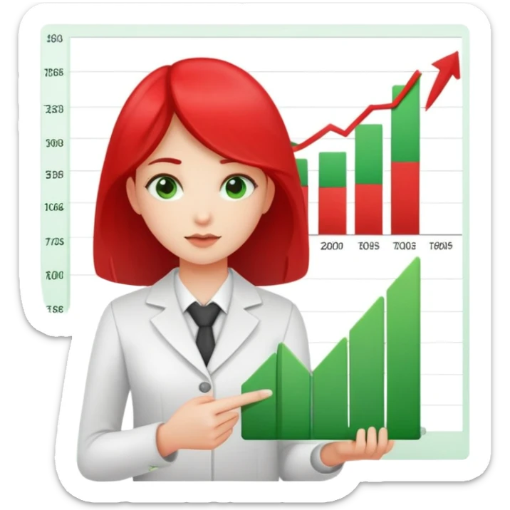 Girl showing financial reports, positive green ascending chart in one hand and negative red descending chart in other hand sticker