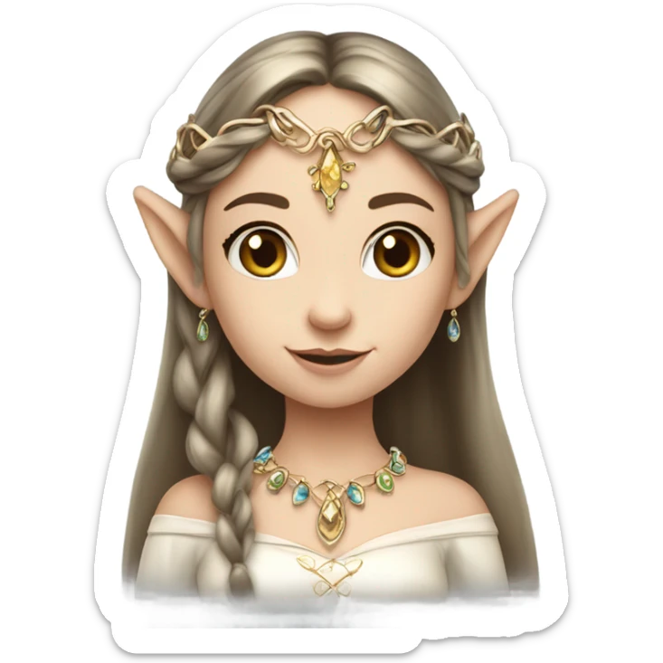 elf princess with pointy ears, white skin, brunette hair with jewellery,  sticker