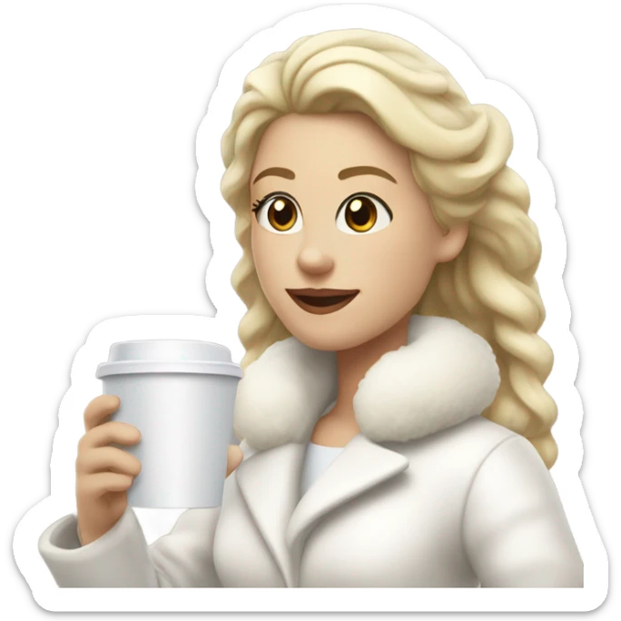 blonde girl wearing white fluffy jacket and a coffee to go in hand all dress white and a white bow on hair sticker
