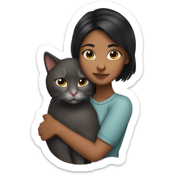 brownskin girl with black hair cuddling her gray cat sticker