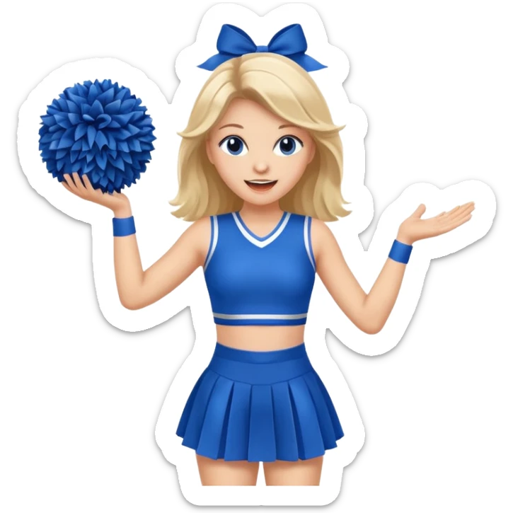 football cheerleader, holding big cheering pom, blue dress and red skin sticker