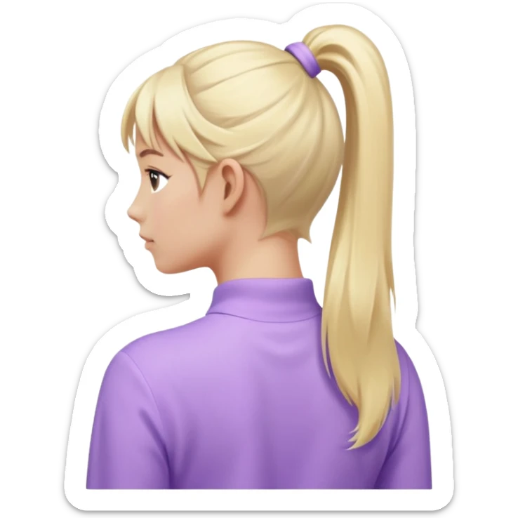 back view of a person with a high light blonde ponytail, wearing pastel purple clothes, iOS Apple emoji style sticker