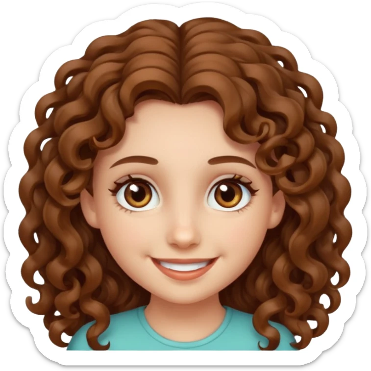 A girl with long curly brown hair, fair skin and beautiful hazel eyes, smiling.  sticker