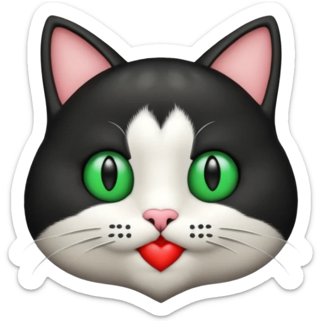 Emoji de un gato blanco y negro con ojos verdes, mandando un beso de corazón  sticker