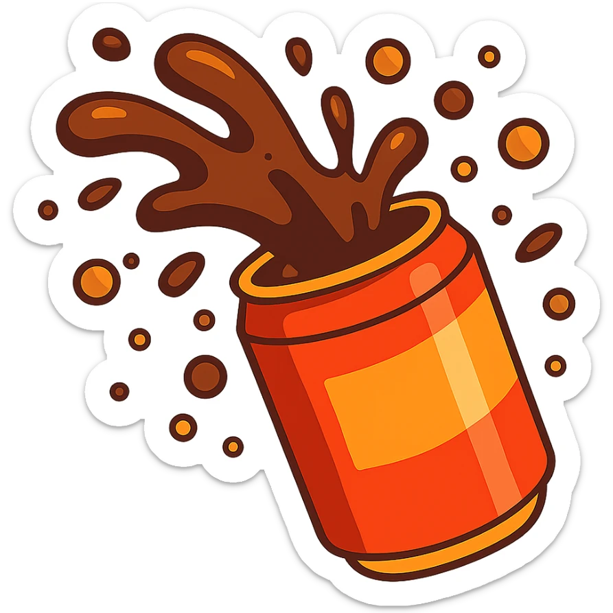 3D illustration of a soda splash, dynamic and energetic, with droplets and fizz sticker