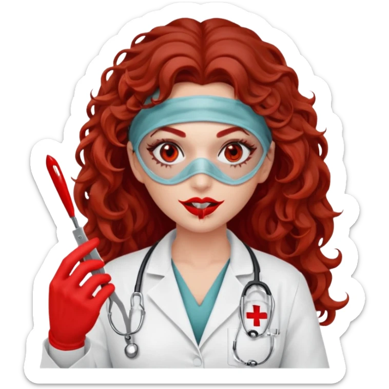 Scary woman scalpel in hand, evil surgeon sexy surgeon clothes.  She has red eyes. Her  brown long curly hair. Wears sexy doctor outfit with red gloves. make her hair free and brown but have mouthy  wear  mask  to hide. Wears white surgeon jacket and  face under a veil sticker