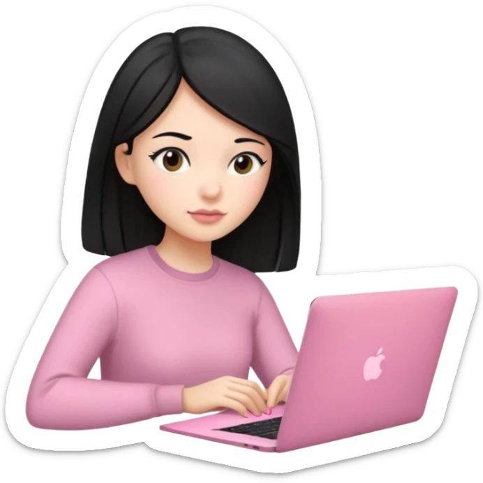 Chica lacia en una MacBook rosa investigando y haciendo tareas sticker