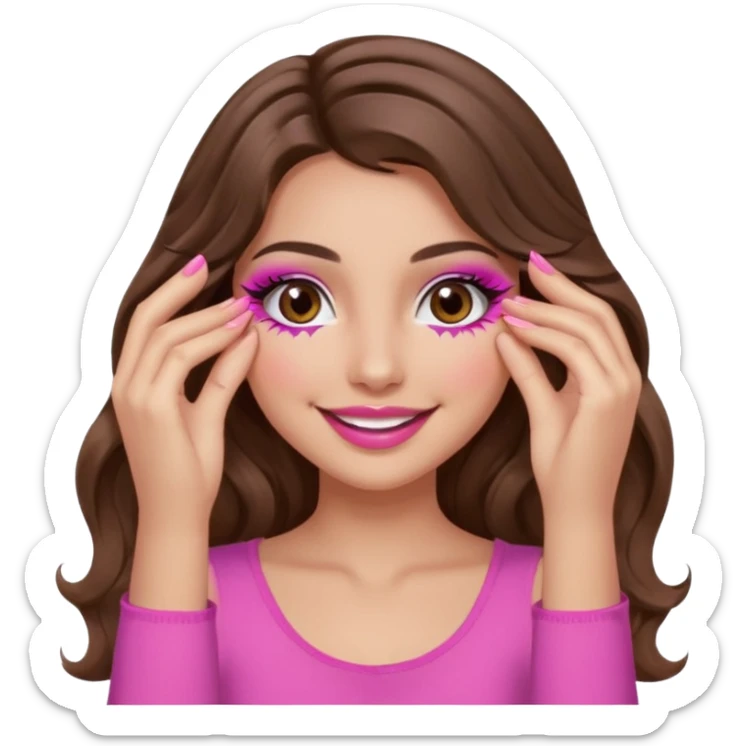 girl with long wavy brown hair, brown eyes, long lashes, makeup, sexy pink lips, light to medium complexion, wearing a pink sexy top, smiling, hands covering over the eyes sticker