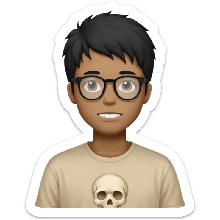 black anime hair guy with skeleton makeup wearing a stussy tshirt with glasses sticker