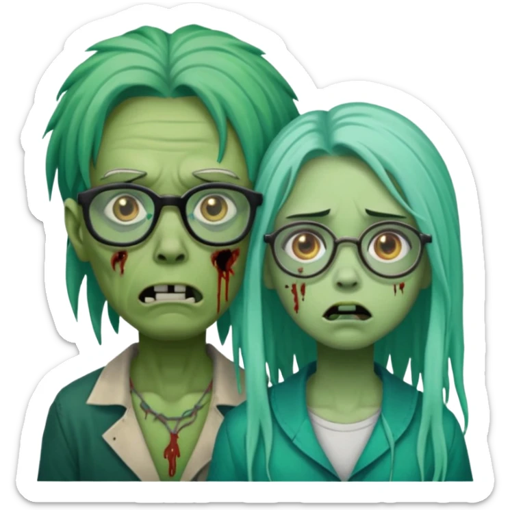 green-skinned, zombie with glasses, a girl with ombre black & teal long dreadlocks and a worried expression with a small wound near its mouth. sticker