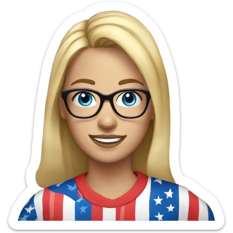 A woman wearing an American flag shirt, pretty, medium blonde hair, blue eyes, glasses, white teeth, freckles sticker