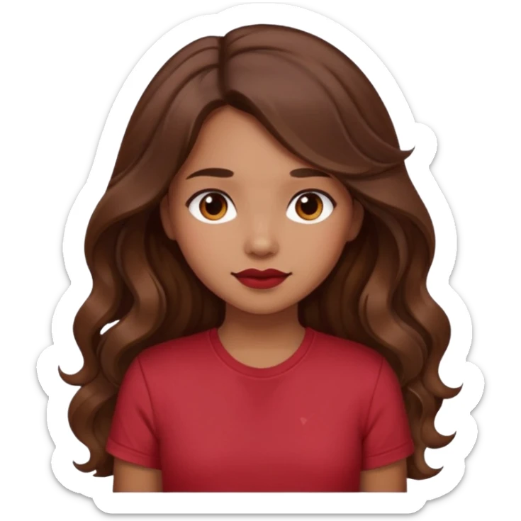 Light brown girl with long wavy brunette hair and blush, wearing dark red tshirt sticker