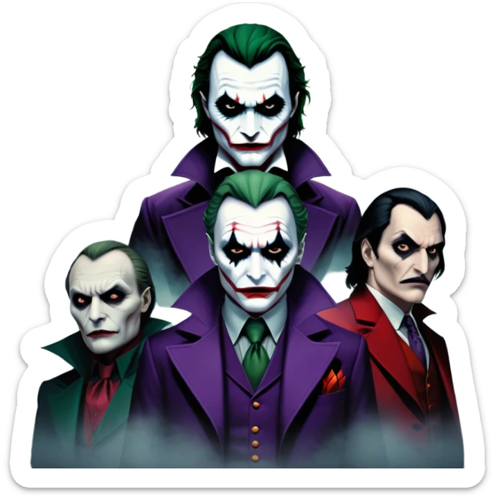 Thriller Movie Icon: A dark, intense collage with close-up images of iconic thriller characters like Joker, Hannibal Lecter, and Vlad Dracula. The background features a moody Gotham City skyline, with shadowy figures and fog. Atmospheric, suspenseful tone. Transparent background. sticker