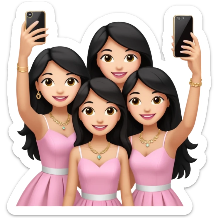Just 3 besties with professional glammed up looks wearing pink and white, all medium skin tone smiling big with black long hair. Very girly wearing simple jewelry, taking a selfie  sticker