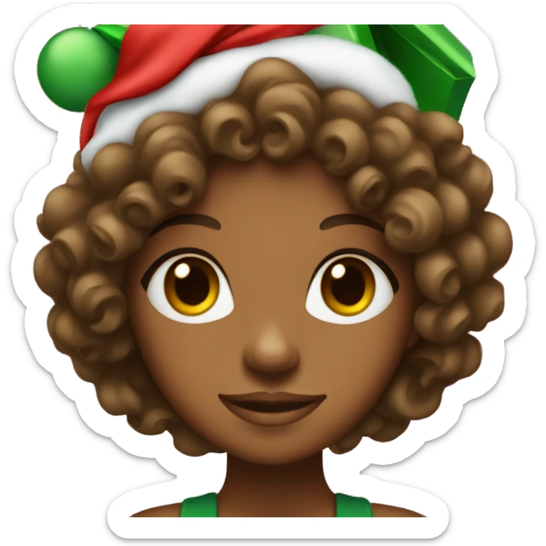 A brown skin girl with curly hair in a Christmas hat with a red and green gift in hand. sticker
