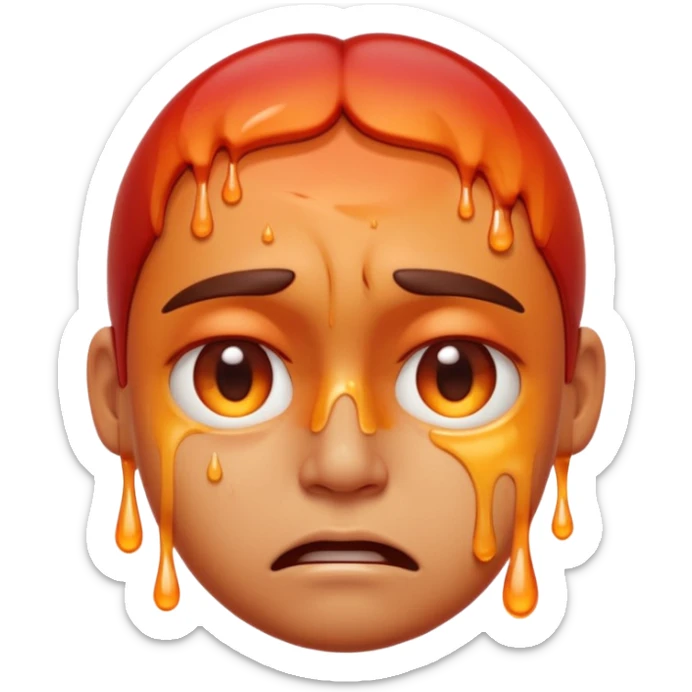 Apple-style emoji illustration of a person melted, overheated face with sweat drops, half-closed exhausted eyes, annoyed or angry expression, warm orange and red tones, soft 3D emoji style, smooth gradients, rounded shapes, centered composition. sticker