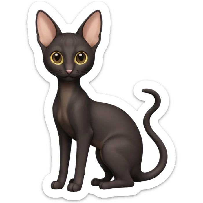 A 3D cartoon black Oriental Shorthair cat with bulky body, tall ears, reflective fur, dark cinematic background, Memoji-style. full body or half body. sticker