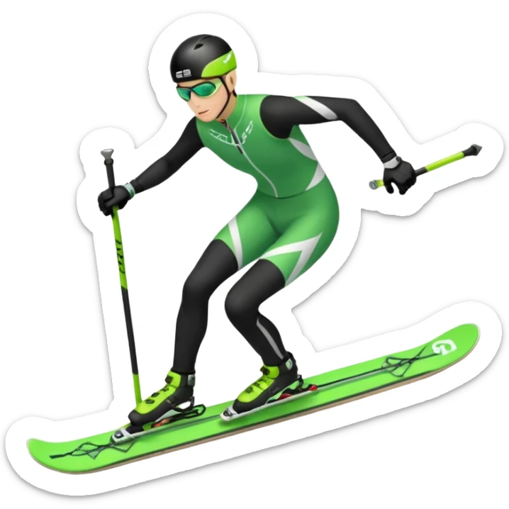 Xc ski racer in green and black clothing. Full body, skate skiing uphill sticker