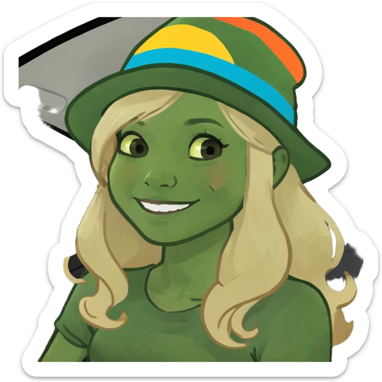 Girl light tan skin long bright blonde hair in car smiling sticker