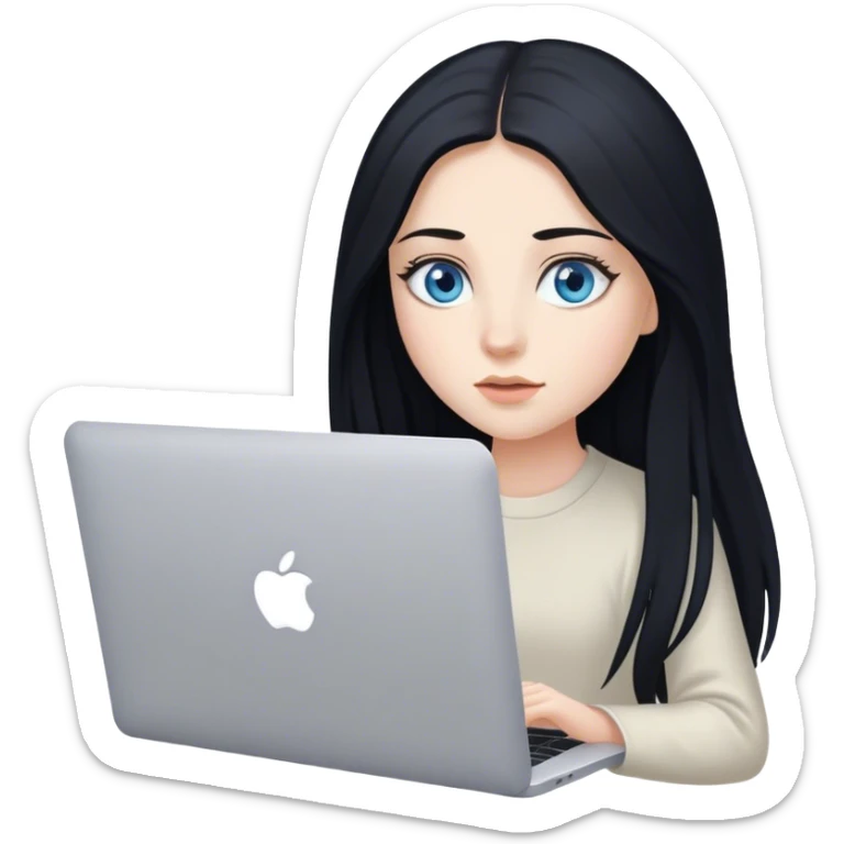 russian, girl, long black hair, blue eyes, beautiful girl with MacBook  sticker