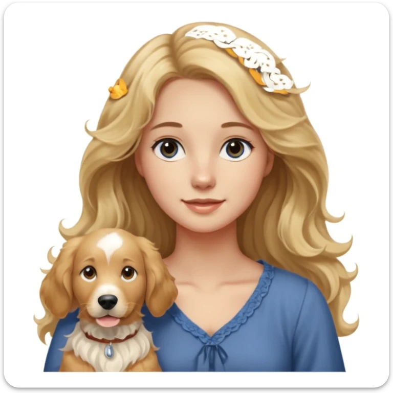 20-year-old woman with very long, wavy, blonder dirty blonde hair with brown highlights and dark blue eyes, standing with an English cream golden retriever, sunset background, friendly and warm scene sticker