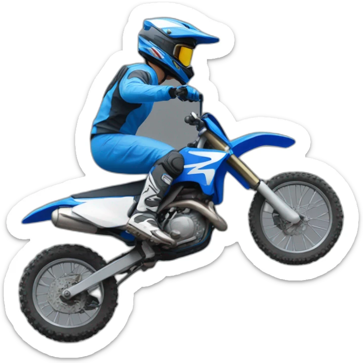 Person riding a blue dirt bike side profile with motocross helmet sticker
