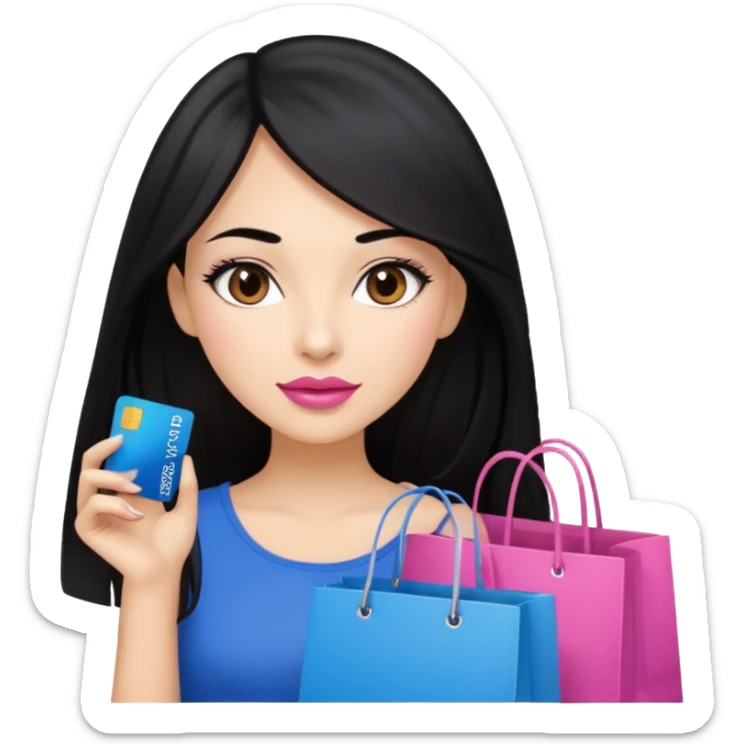 Girl with long black hair and crown, pink lipstick, brown eyes holding shopping bags and blue credit card sticker
