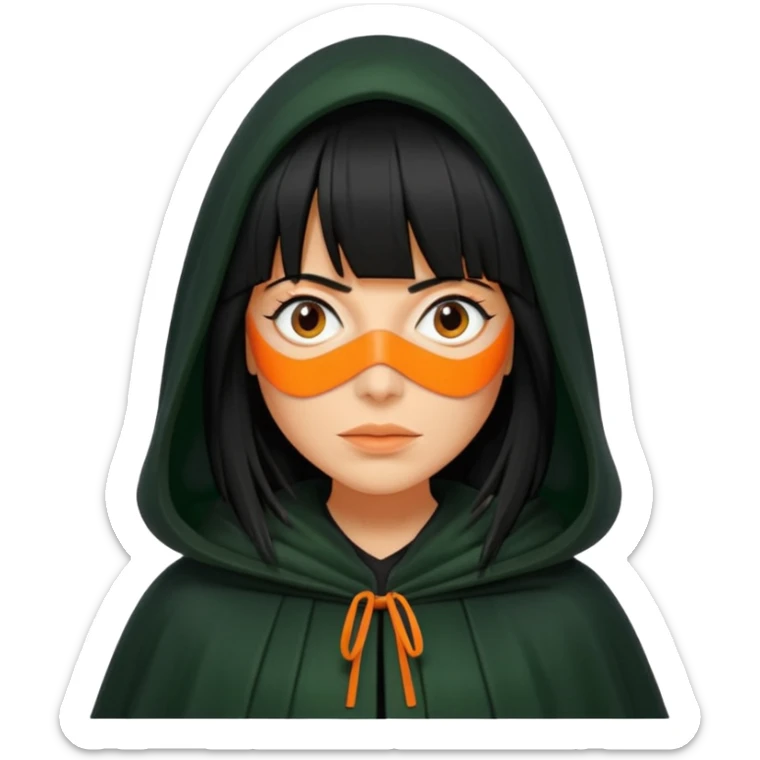 traitor tv show, person wearing dark green cloak with hood up who looks like claudia winkleman orange skin tone and thick black fringe sticker