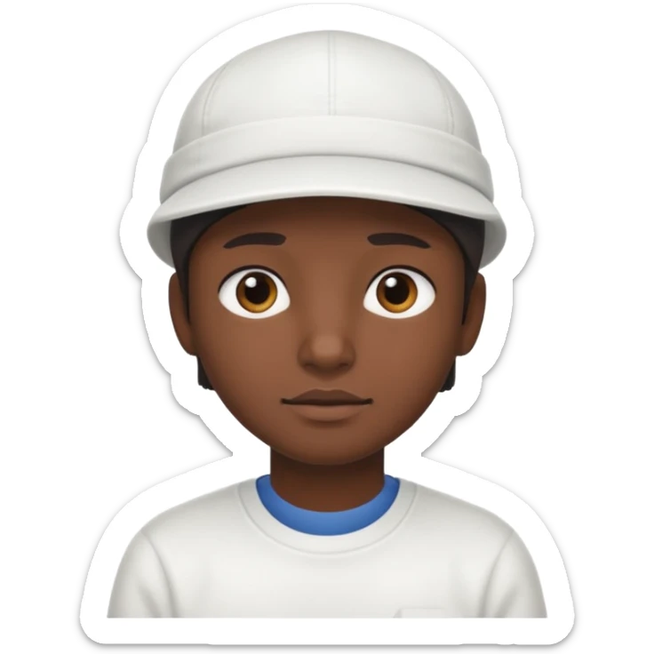 This is a cartoon-style avatar of a person with dark skin, wearing a white cap, and showing a neutral expression sticker