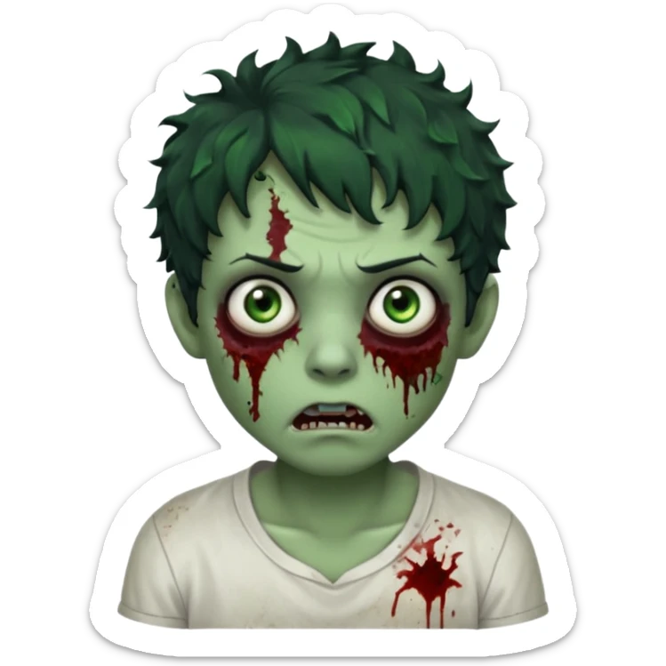 zombie character with green skin, messy short curly black hair, and no glasses. Give him large expressive eyes, a slightly frightened or eerie expression, subtle wounds, dark under-eye shadows, and a few cracks or dried blood marks on the face.  white shirt and no bleeding eyes **BLACK HAIR** sticker