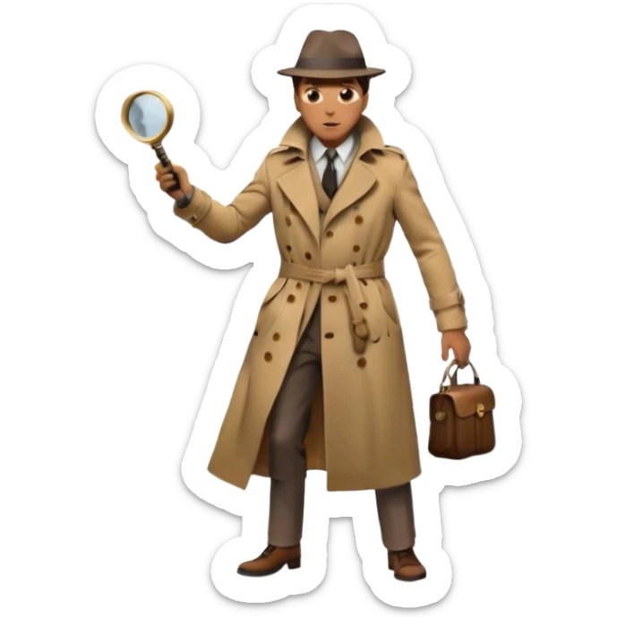 Icon for Detective Movie: A vintage movie poster-style design of a mysterious detective in a trench coat, holding a magnifying glass. Include dark alleyways, fog, and shadowy figures. The design should evoke a classic noir detective story with retro cinematic typography. Transparent background. sticker