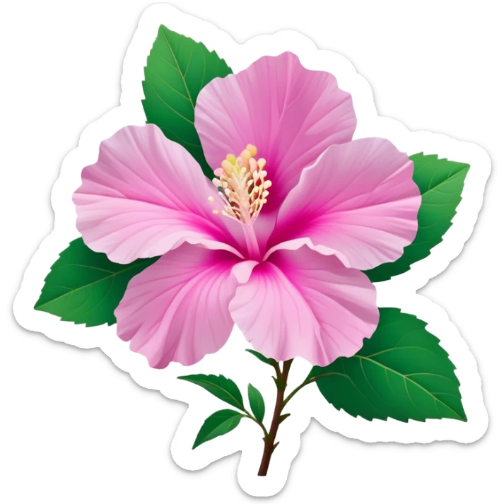 Cinematic Realistic image of a Mugunghwa flower (Rose of Sharon), rendered with delicate petal textures and vibrant pink hues, set against a minimalist background with gentle, diffused lighting that highlights its national significance sticker