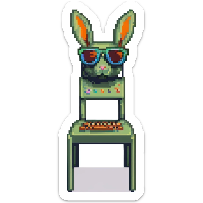 pixel art album cover with a chair, DTMF buttons, and Bad Bunny sunglasses sticker