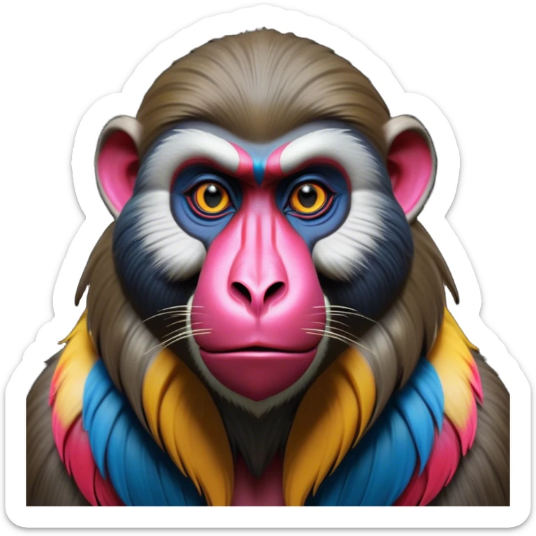 Cinematic Noble Mandrill Portrait Emoji, Poised and regal, with a striking, powerful build and a vivid, multicolored face accented by bold blue, red, and yellow hues, deep-set soulful eyes, Simplified yet sharp and sophisticated features, highly detailed, glowing with a vibrant, dignified glow, high shine, intelligent and commanding, stylized with an air of exotic majesty, focused and attentive, soft glowing outline, capturing the essence of a watchful and confident primate, so majestic it feels as though it could step out of the screen with effortless authority! sticker