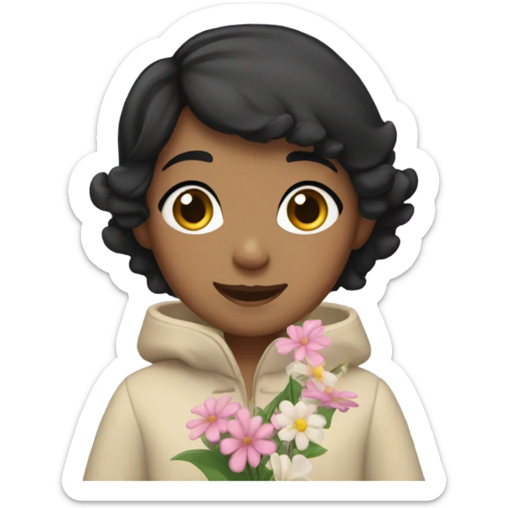 A girl with very short black hair, fair skin, and brown eyes wearing a coat and waving flowers sticker