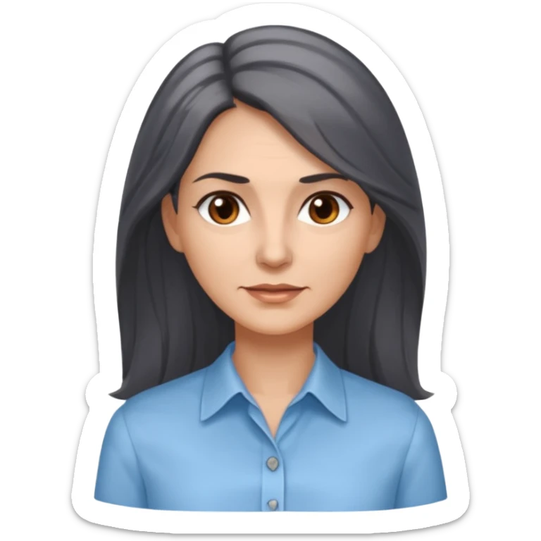 vit 50-årig kvinna med grå slingor i jättelångt mörkbrunt hår bruna ögon ljusblå skjorta med översta knappen uppknäppt sticker